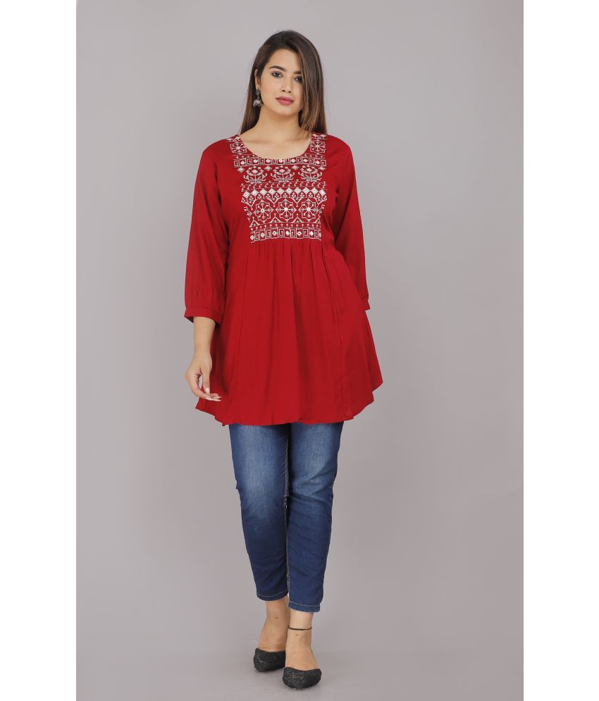     			HIGHLIGHT FASHION EXPORT - Red Rayon Women's Flared Kurti ( Pack of 1 )