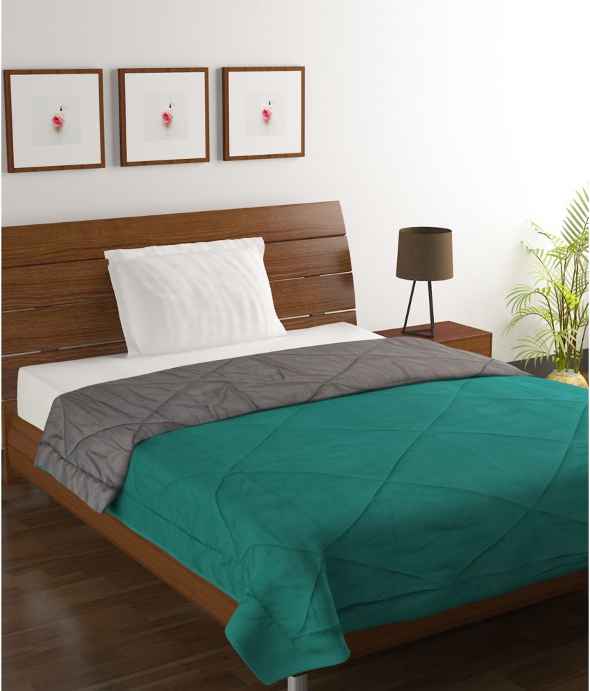     			HOMETALES Microfiber Solid Reversible Single Comforter ( 150 x 210 ) - Green & Grey
