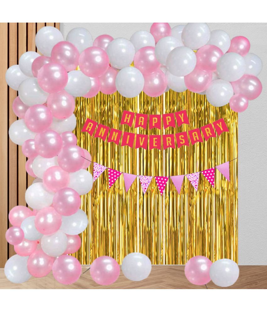     			Happy Anniversary Banner ( Red ) + 1 Pc Bunting Flag ( Pink ) + 2 Pc Fringe ( Golden) + 30 Pc Balloon ( Pink , White ) + 1 Pc Ribbon