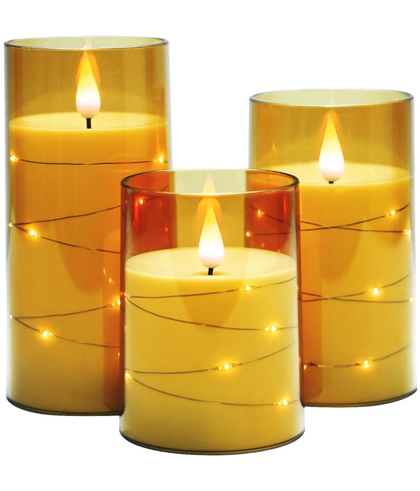     			LTETTES - Gold Unscented Pillar Candle 15 cm ( Pack of 3 )