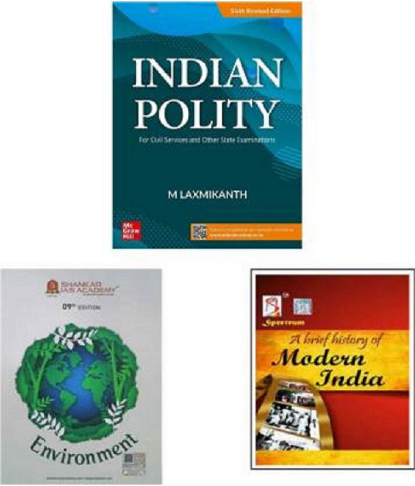     			UPSC BOOKS & CIVIL SERVICE AND OTHER EXAMS SET OF 3 (Environment + Indian Polity + A Brief History Of Modern India )  (Paperack, Shankar Iad, Specturm, M Laxmikanth) 3.85 Ratings & 1 Reviews