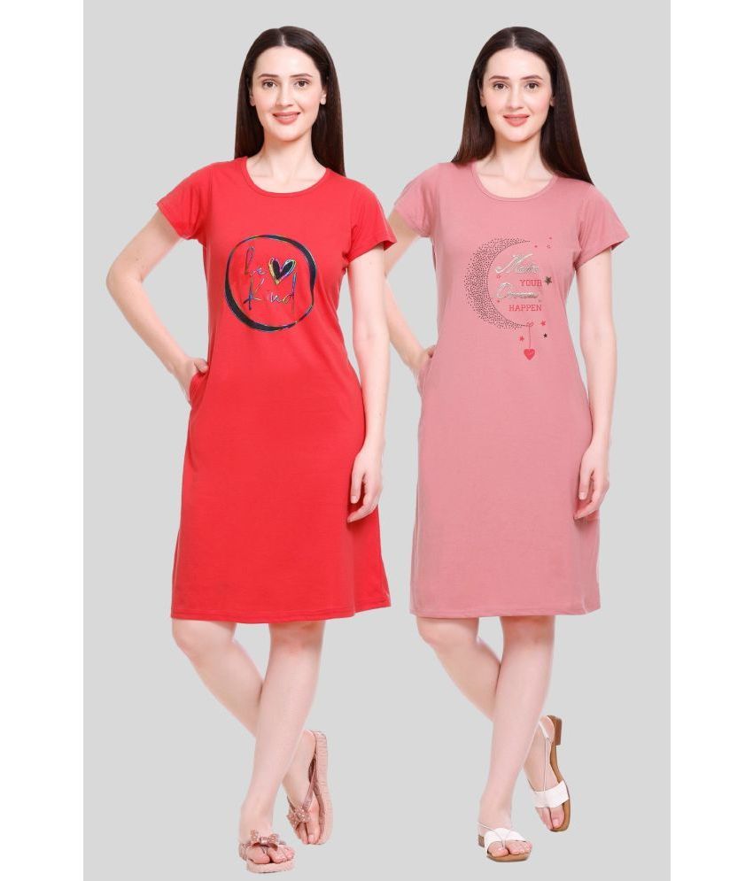     			White Moon - Multi Color Cotton Women's Nightwear Night T-Shirt ( Pack of 2 )