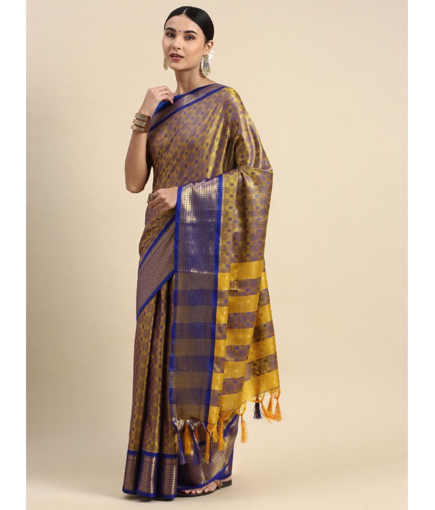     			JULEE Cotton Silk Checks Saree With Blouse Piece - Blue ( Pack of 1 )
