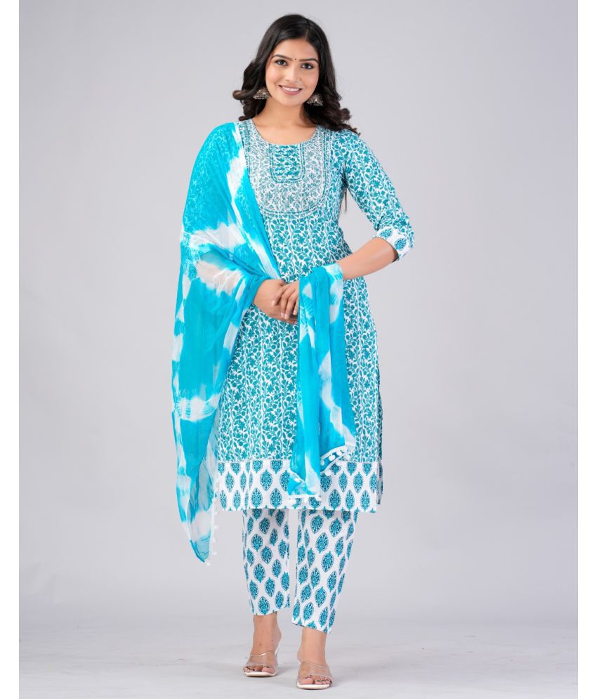     			MAUKA Cotton Printed Kurti With Pants Women's Stitched Salwar Suit - Blue ( Pack of 1 )