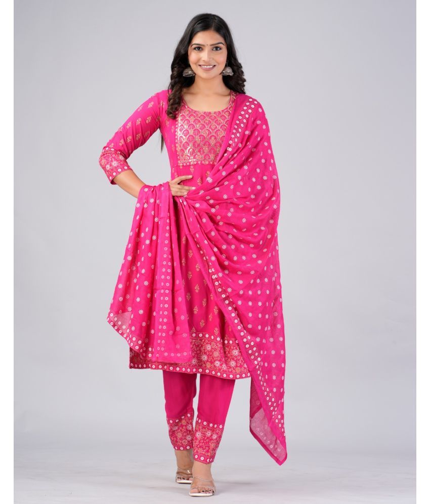     			MAUKA Rayon Printed Kurti With Pants Women's Stitched Salwar Suit - Pink ( Pack of 1 )