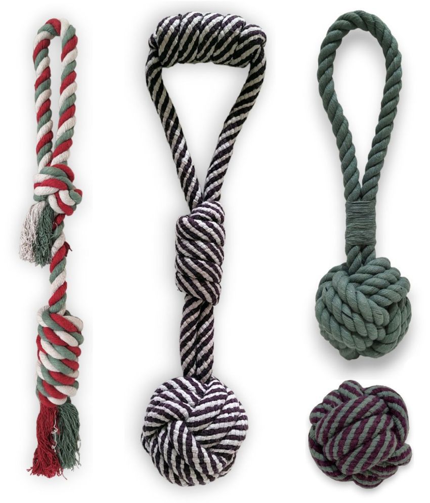     			MY SUPER PAWS tug and fetch rope, 2 monkey fist knot with handle & chew fetch ball l Non-toxic natural cotton rope toys for dogs l Pack of 4
