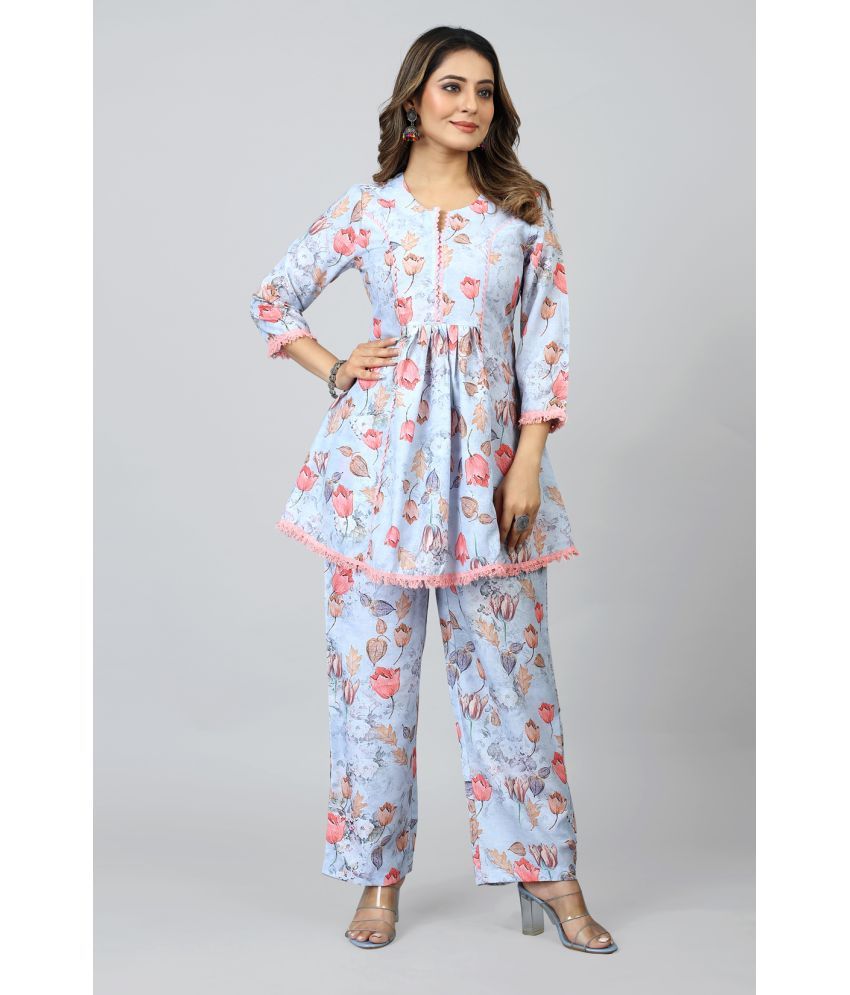     			Sarras Womens Cotton Floral Print Co-ord Set (Light Blue)