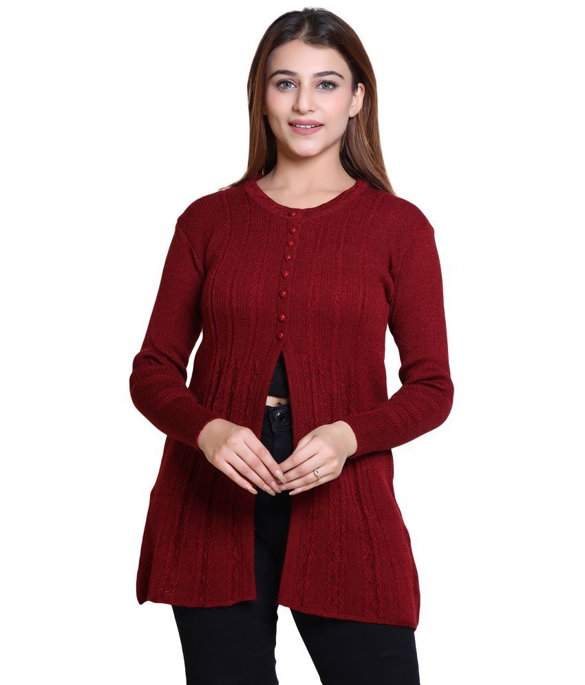     			Varenyam Woollen Round Neck Women's Buttoned Cardigans - Maroon ( Single )