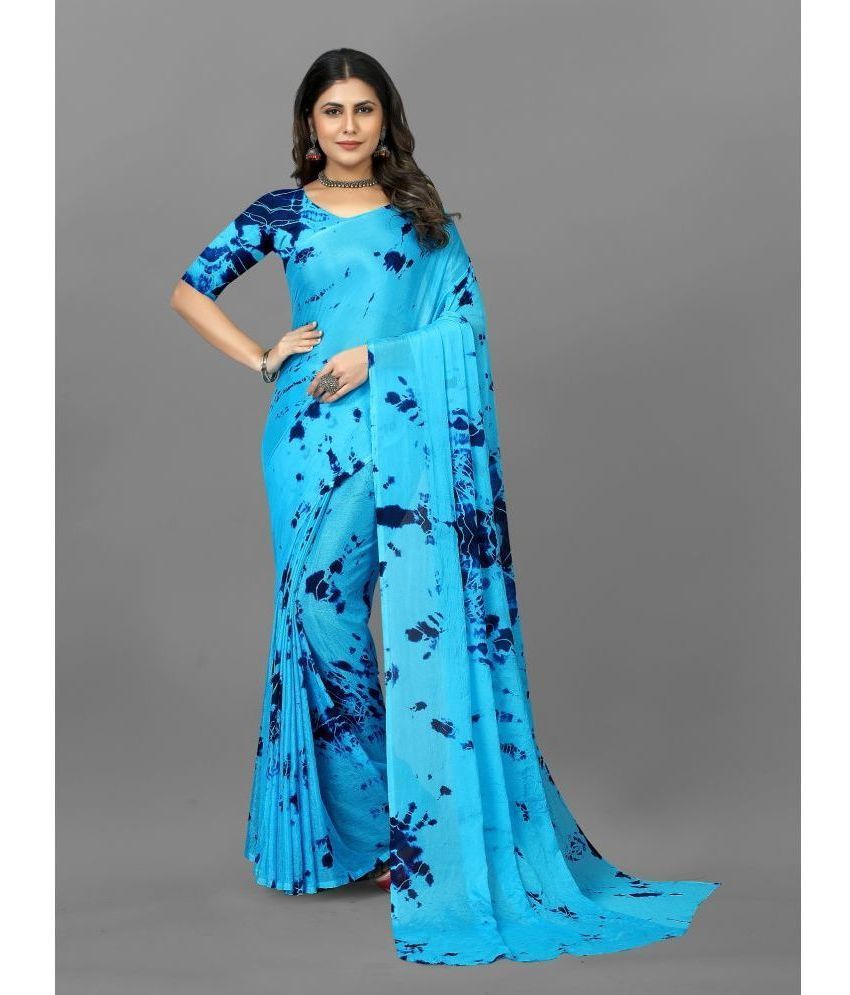     			Apnisha Chiffon Printed Saree With Blouse Piece - SkyBlue ( Pack of 1 )