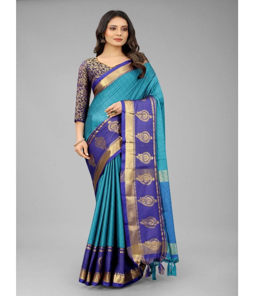     			Apnisha Cotton Silk Embellished Saree With Blouse Piece - Blue ( Pack of 1 )