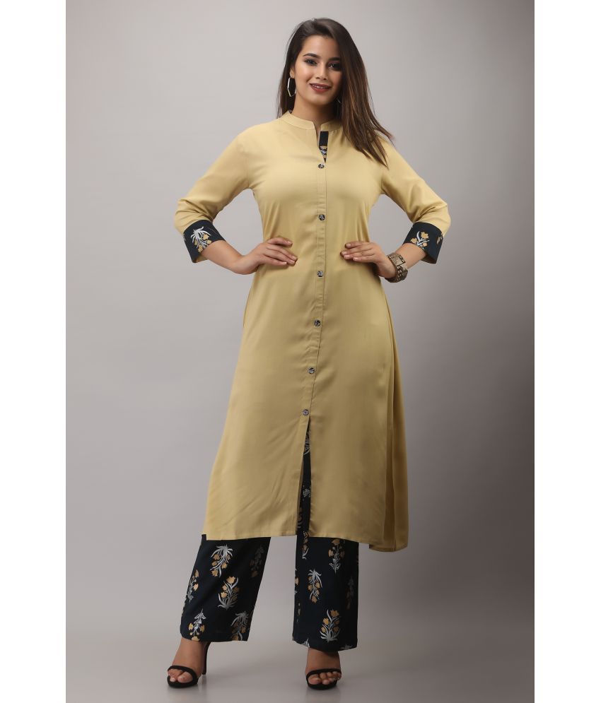    			MAUKA Rayon Printed Kurti With Palazzo Women's Stitched Salwar Suit - Beige ( Pack of 1 )