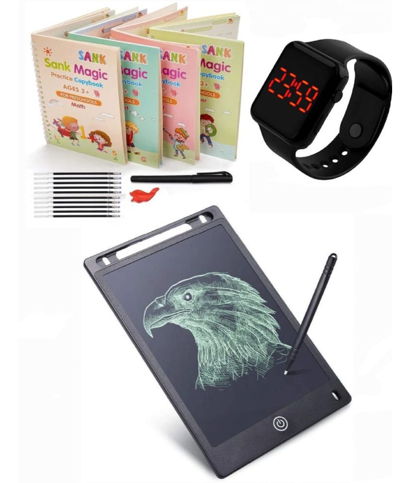     			Combo Of 3 Pack - Sank Magic Practice Copy Book & LCD Writing Tablet Slate & Stylish Digital Black Display Square LED Watch Multicolor By Unico Traders