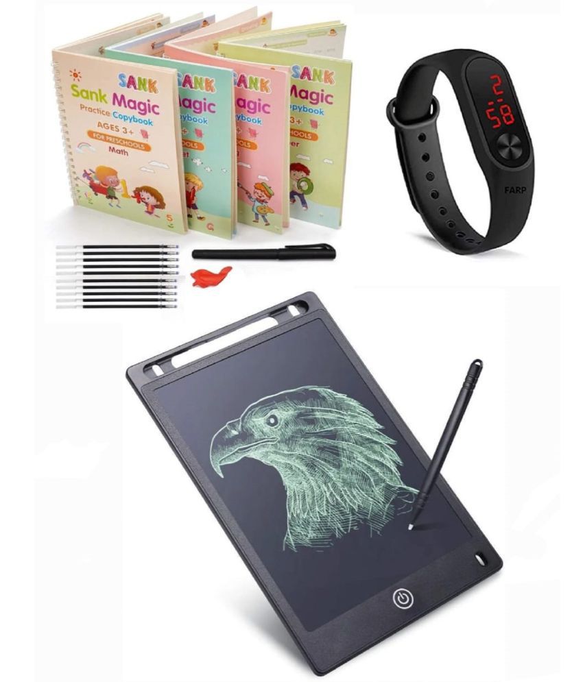     			Combo Of 3 Pack - Sank Magic Practice Copy book & LCD Writing Tablet slate & LED Band Watch Digitel Multicolor By Laxmi Z book Store