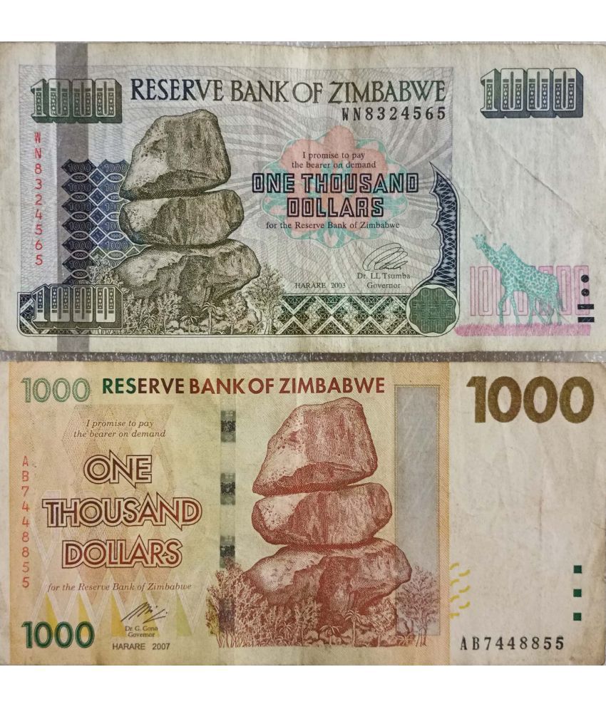     			Extremely Rare Zimbabwe 1000 One Thousand Dollars Set of 2 Different Notes