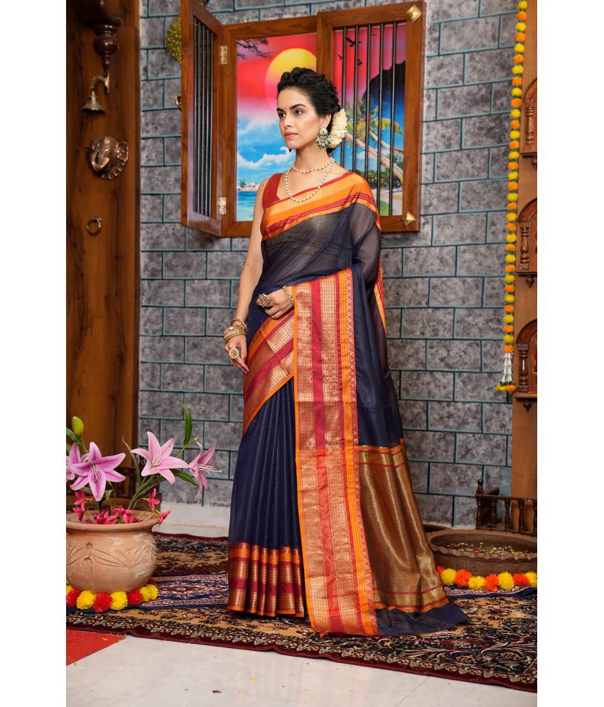     			Rangita Women Small Checks Woven Cotton Silk Saree with Blouse Piece - Navy Blue