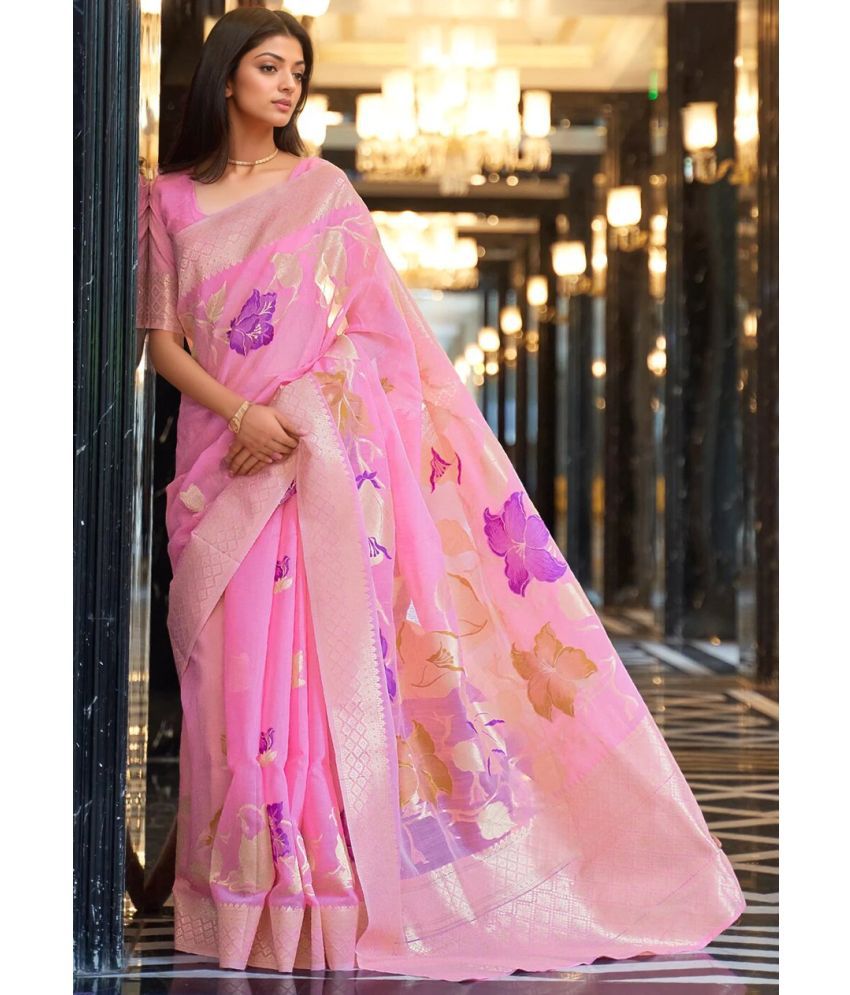     			Rangita Women Floral Woven Linen Saree with Blouse Piece - Pink