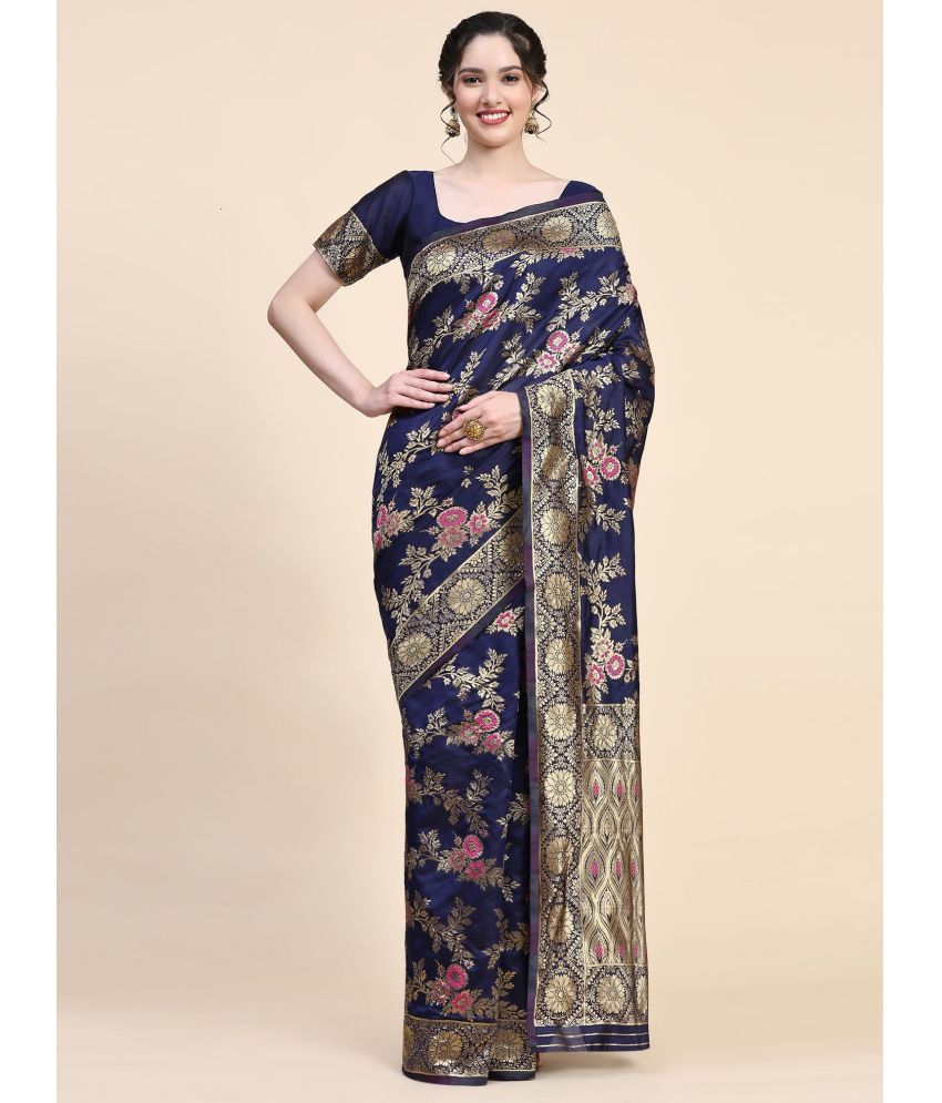     			Semore Jacquard Embellished Saree With Blouse Piece - Navy Blue ( Pack of 1 )