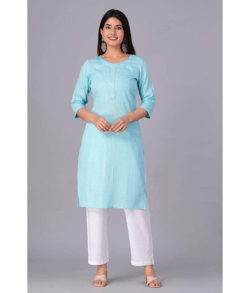     			Doriya Cotton Blend Printed Kurti With Palazzo Women's Stitched Salwar Suit - Blue ( Pack of 1 )