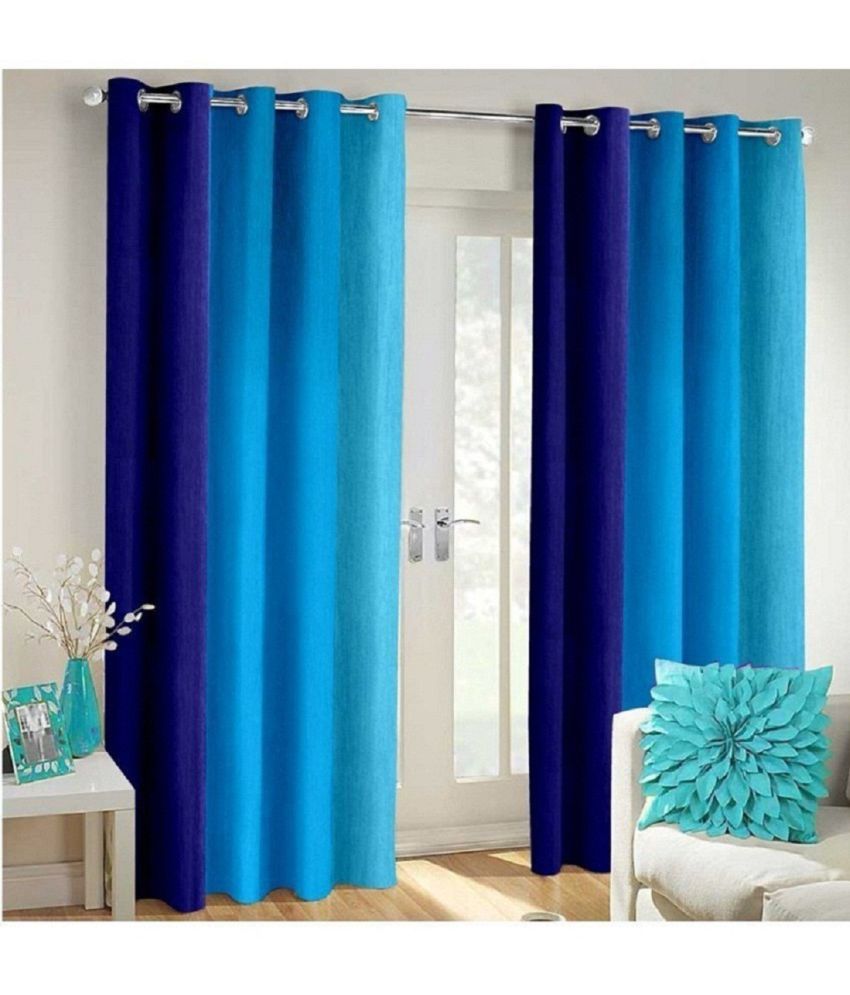     			N2C Home Colorblock Semi-Transparent Eyelet Curtain 9 ft ( Pack of 2 ) - Blue