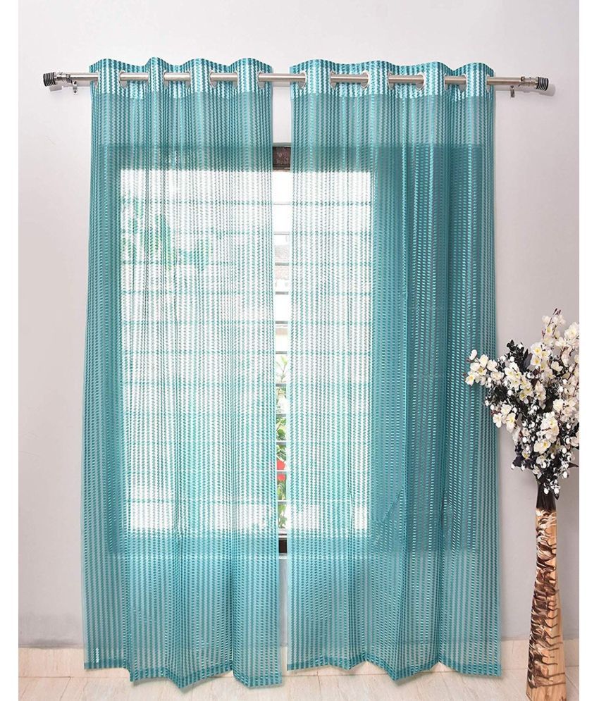     			N2C Home Vertical Striped Semi-Transparent Eyelet Curtain 7 ft ( Pack of 2 ) - Teal