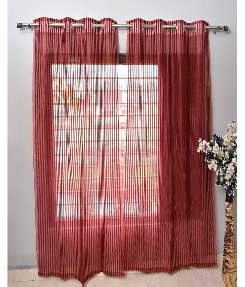     			N2C Home Vertical Striped Semi-Transparent Eyelet Curtain 7 ft ( Pack of 2 ) - Maroon