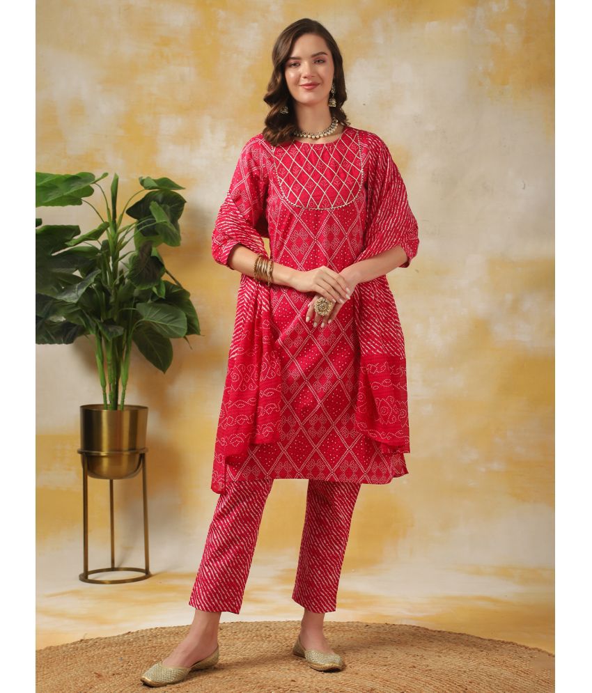     			Rangita Women Pink Cotton Leheria Printed Knee Length Straight Kurti With Pants and Dupatta