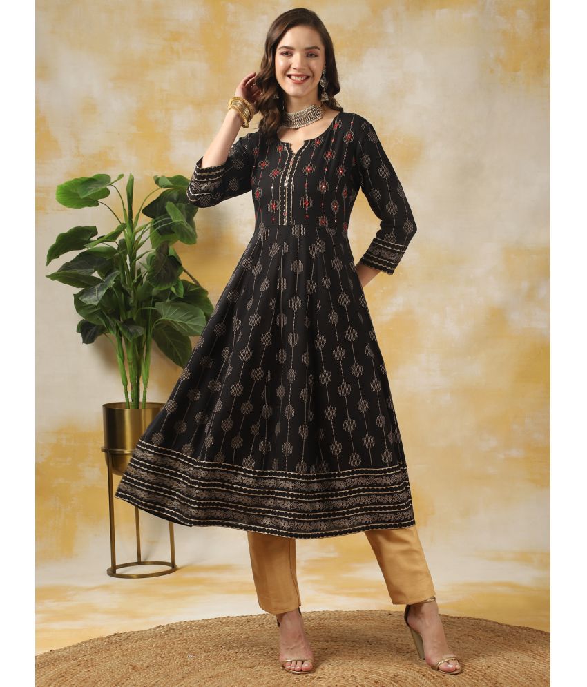    			Rangita Women Black Rayon Embroidered Calf Length Anarkali Kurti