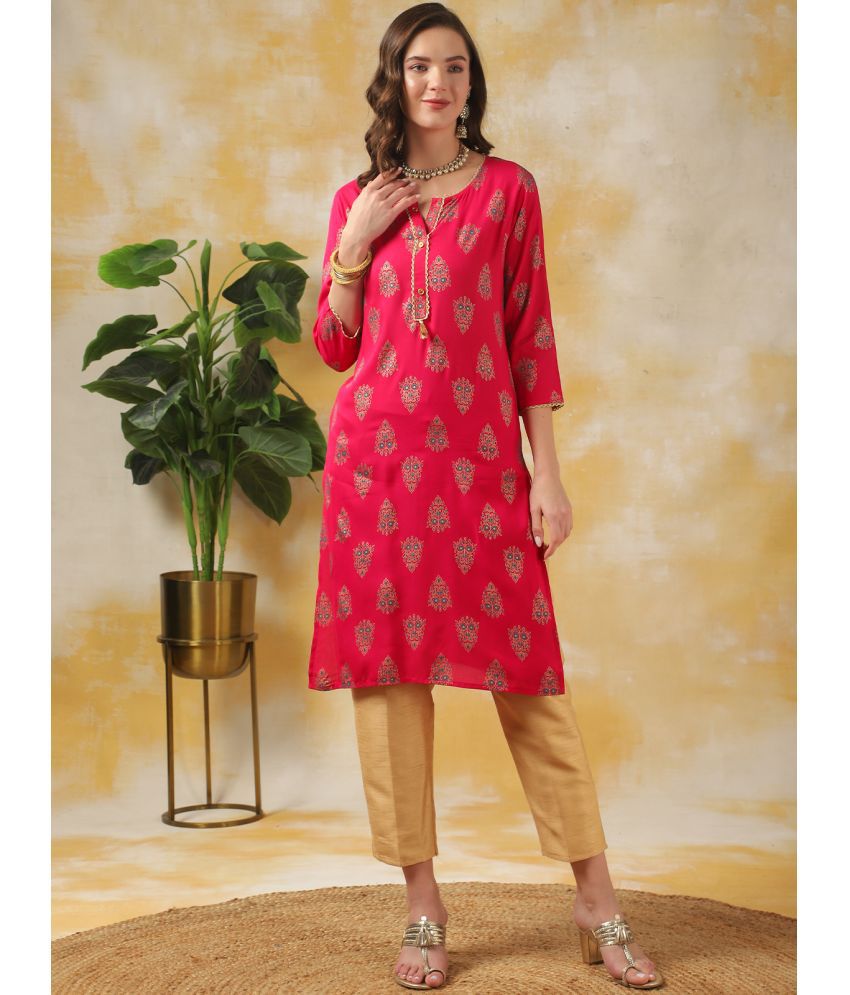     			Rangita Women Pink Rayon Printed Knee Length Straight Kurti