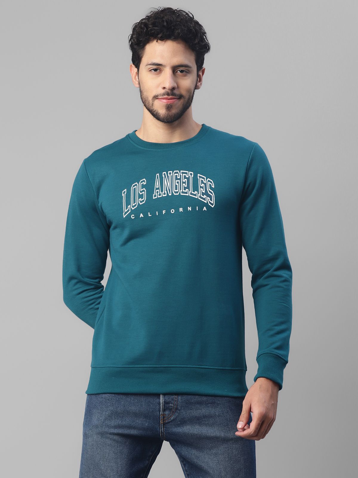     			UrbanMark Men Regular Fit Printed Full Sleeves Round Neck Fleece Sweatshirt-Teal Blue