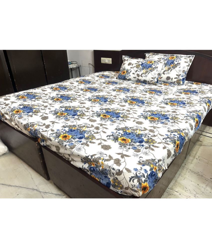     			Finesse Decor Poly Cotton Floral Printed Double Bedsheet with 2 Pillow Covers - White