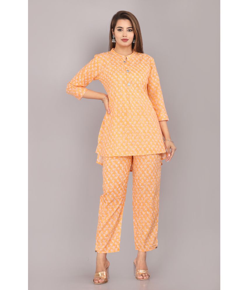     			JC4U Cotton Printed Kurti With Pants Women's Stitched Salwar Suit - Orange ( Pack of 1 )