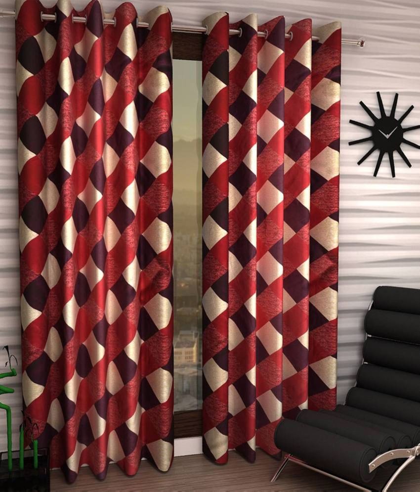     			N2C Home Geometric Semi-Transparent Eyelet Curtain 7 ft ( Pack of 2 ) - Red