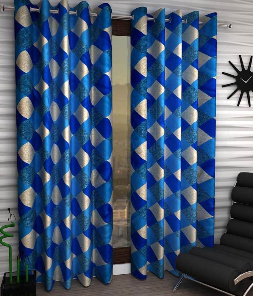     			N2C Home Geometric Semi-Transparent Eyelet Curtain 7 ft ( Pack of 2 ) - Blue