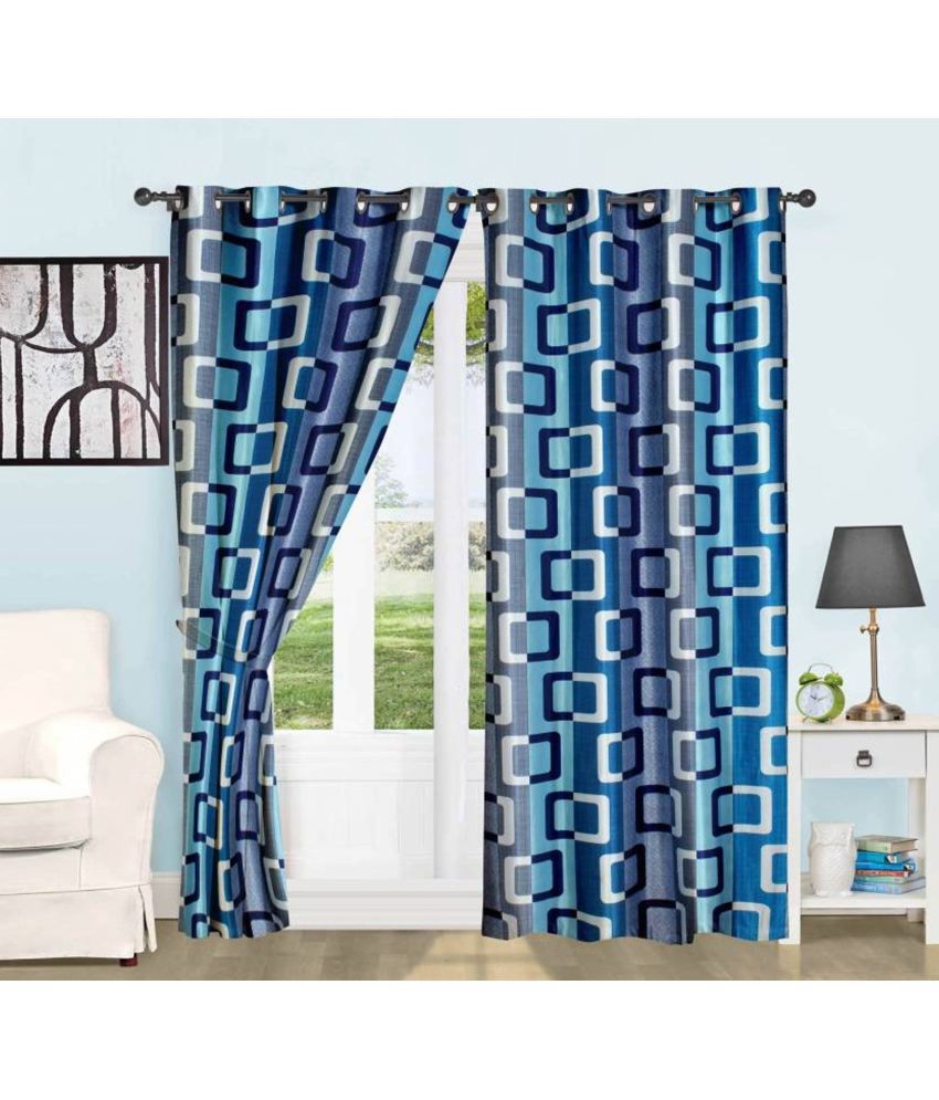     			N2C Home Small Checks Semi-Transparent Eyelet Curtain 7 ft ( Pack of 2 ) - Blue