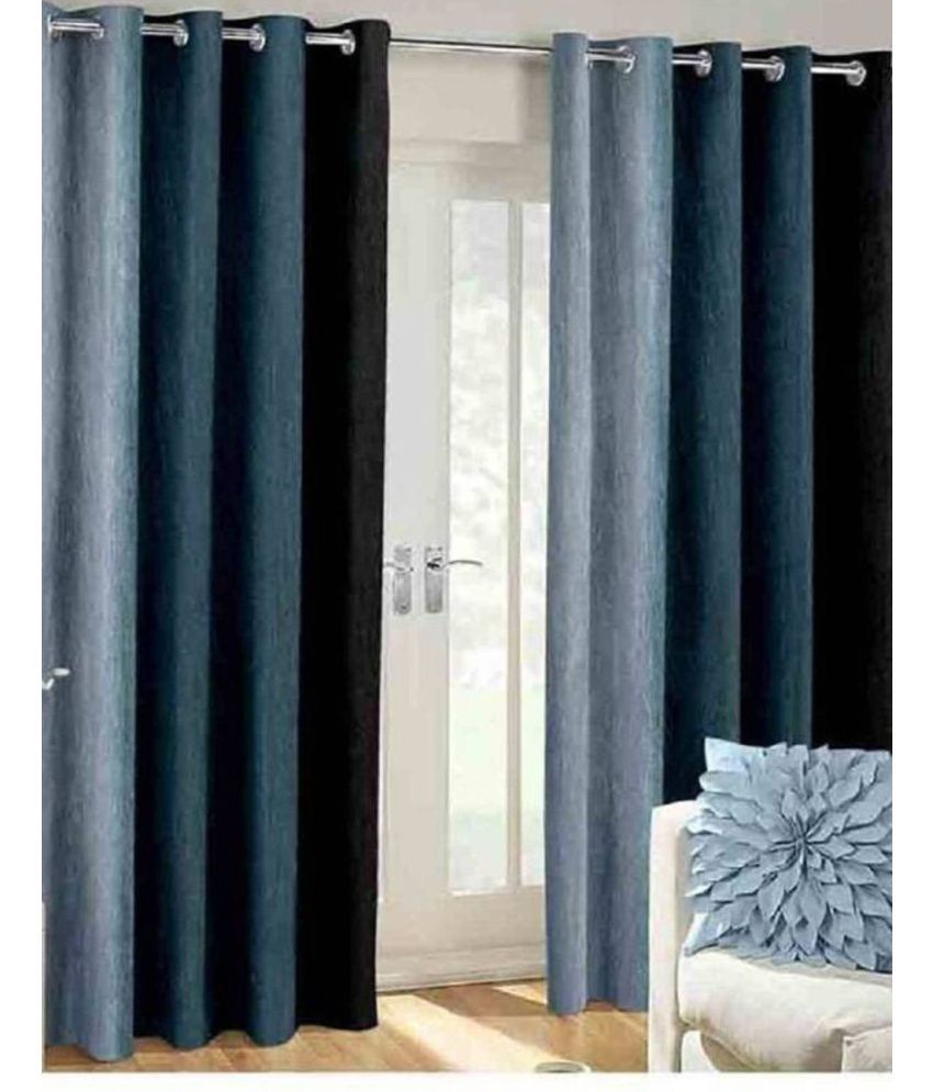     			N2C Home Vertical Striped Semi-Transparent Eyelet Curtain 7 ft ( Pack of 2 ) - Black