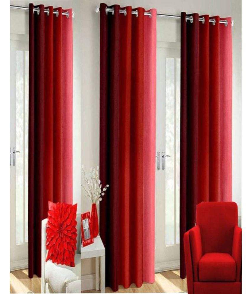     			N2C Home Vertical Striped Semi-Transparent Eyelet Curtain 7 ft ( Pack of 3 ) - Red