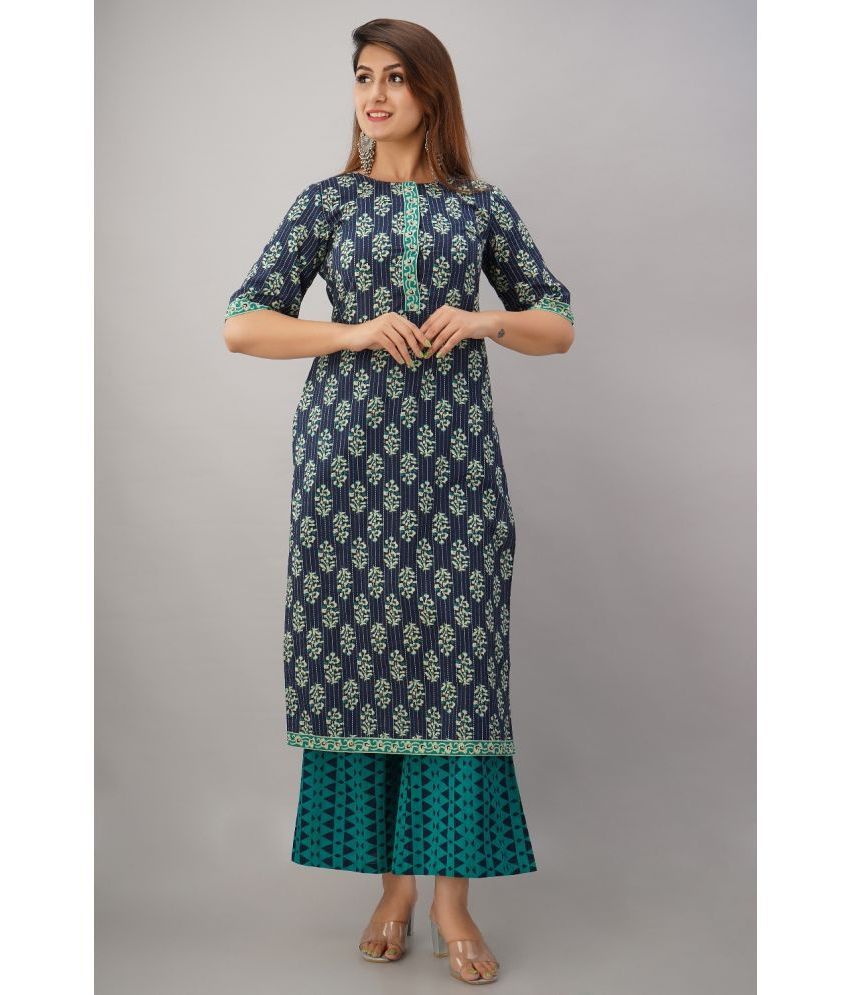     			NeshamaKurti Cotton Printed Kurti With Palazzo Women's Stitched Salwar Suit - Blue ( Pack of 1 )