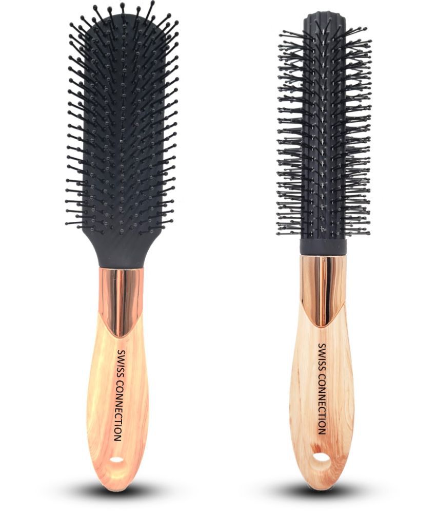     			Swiss Connection 1Pc Prime Black Hair Brush & 1Pc Round Blow Dry Brush || Professional Brush || Smoothening Brush || Flat Shape - Travel Size & Hairstyle for Women & men (Pack Of 2)