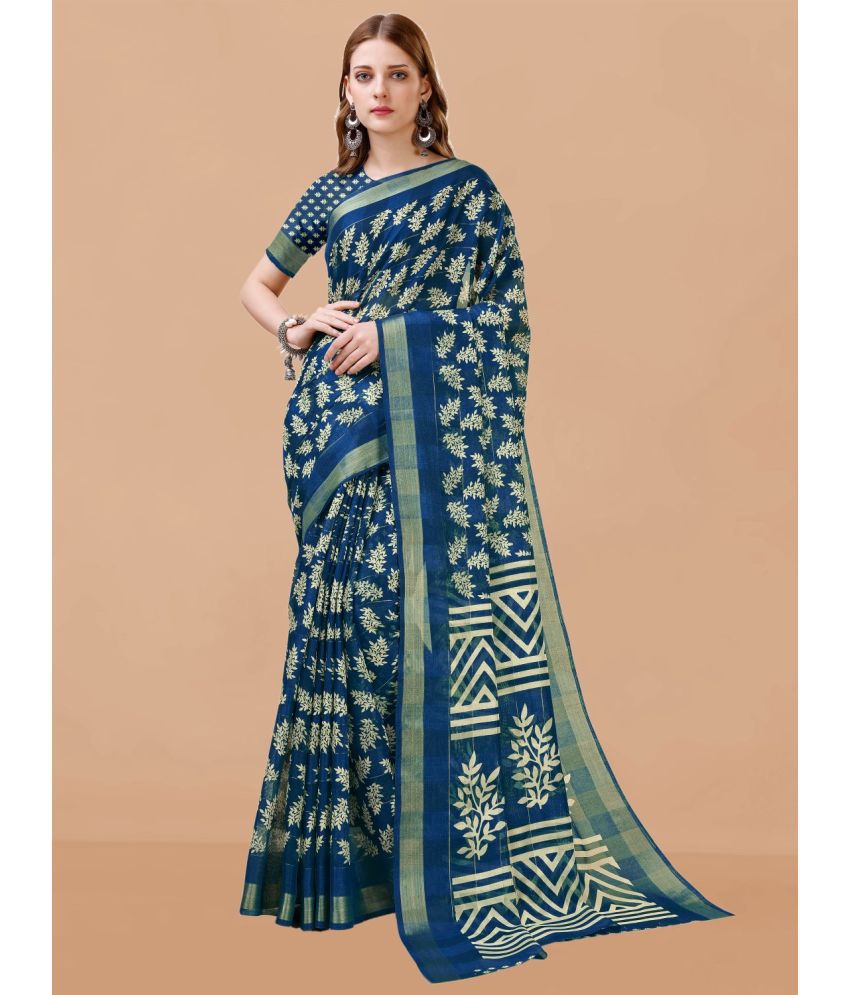     			Vichitro Cotton Silk Printed Saree With Blouse Piece - Blue ( Pack of 1 )