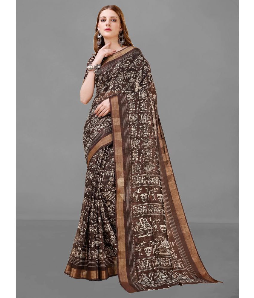     			Vichitro Cotton Silk Printed Saree With Blouse Piece - Brown ( Pack of 1 )