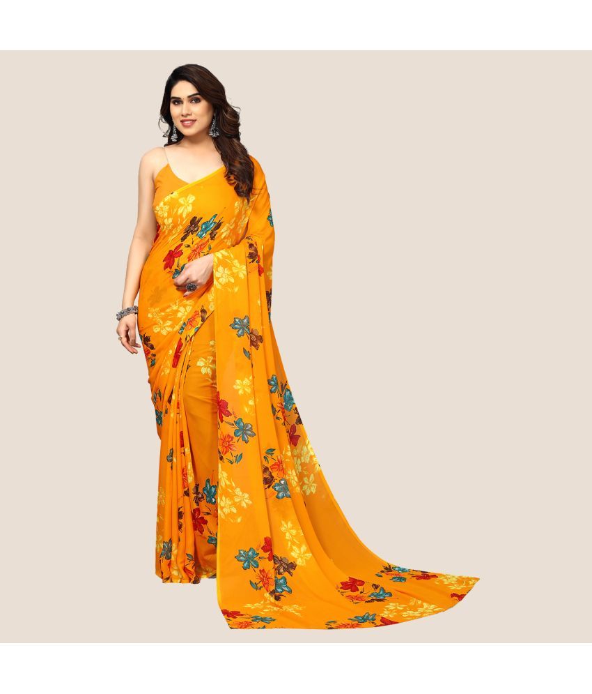     			Kashvi Sarees Georgette Printed Saree Without Blouse Piece - Yellow ( Pack of 1 )