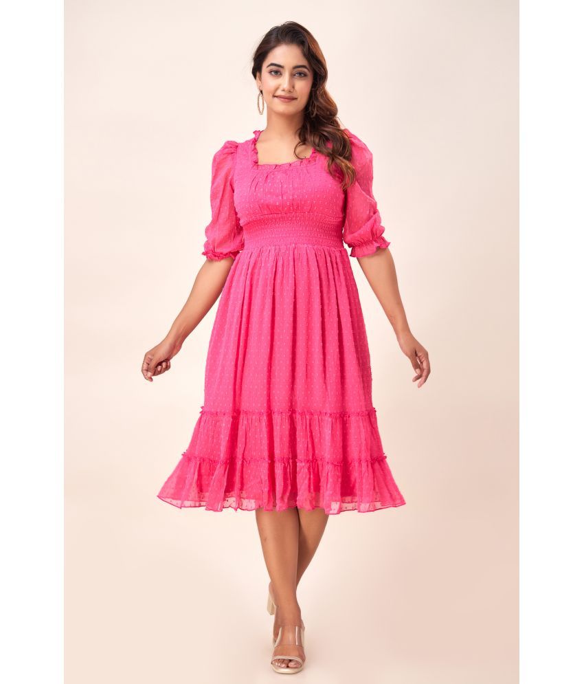     			FabbibaPrints Chiffon Self Design Midi Women's Fit & Flare Dress - Pink ( Pack of 1 )