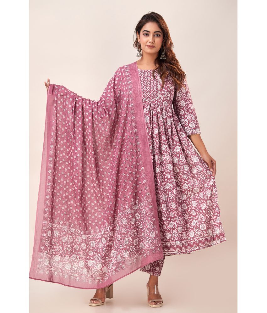     			NeshamaKurti Cotton Printed Kurti With Pants Women's Stitched Salwar Suit - Mauve ( Pack of 1 )