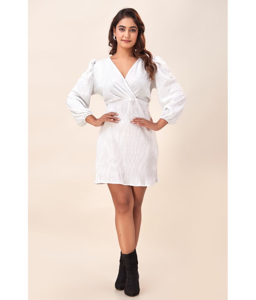     			NeshamaKurti Polyester Striped Above Knee Women's Wrap Dress - White ( Pack of 1 )