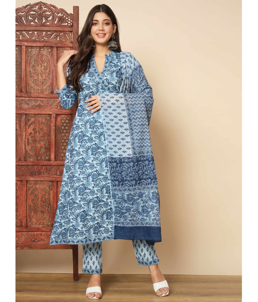     			Vbuyz Cotton Printed Kurti With Pants Women's Stitched Salwar Suit - Blue ( Pack of 1 )
