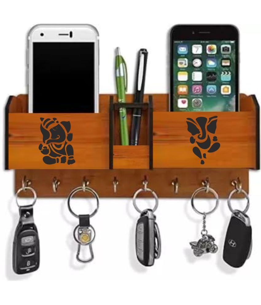     			Big Boss Enterprises Ganesh Shape with 2 Pocket Mobile Holder, Pen Stand Wood Key Holder Stand (8 Hooks, Brown)