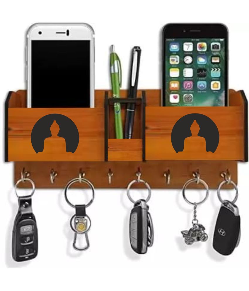     			Big Boss Enterprises Gautam Badha with 2 Pocket Mobile Holder, Pen Stand Wood Key Holder Stand (8 Hooks, Brown)