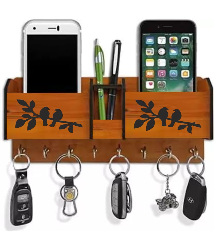     			Big Boss Enterprises Love Birds In Tree with 2 Pocket Mobile Holder, Pen Stand Wood Key Holder Stand (8 Hooks, Brown)