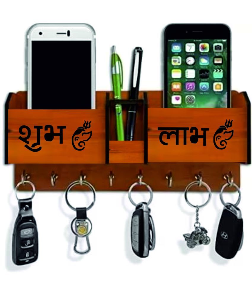     			Big Boss Enterprises Shubh Labh Ganpati  with 2 Pocket Mobile Holder, Pen Stand Wood Key Holder Stand (8 Hooks, Brown)