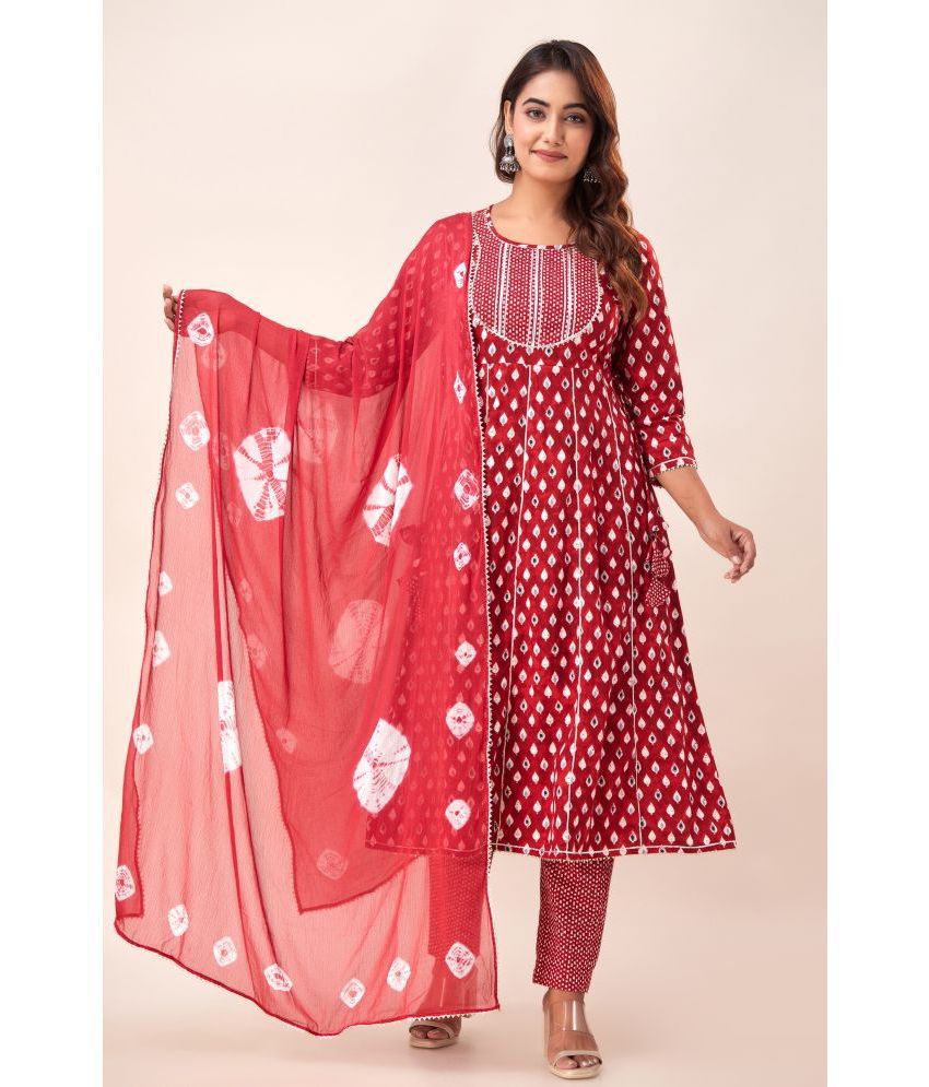     			FabbibaPrints Cotton Printed Kurti With Pants Women's Stitched Salwar Suit - Red ( Pack of 1 )